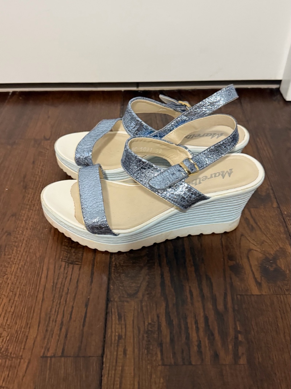 Metallic Blue Wedge Sandals with Slingback Strap